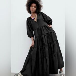 Zara Black V-Neck Tiered Poplin Dress